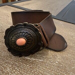 Brown Leather Belt With Western Navajo Brass Buckle And Coral Stone 33-37" Waist